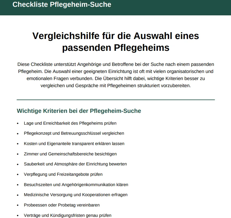Checkliste Pflegeheim-Suche