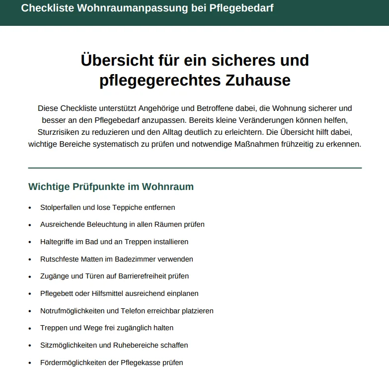 Checkliste Wohnraumanpassung bei Pflegebedarf