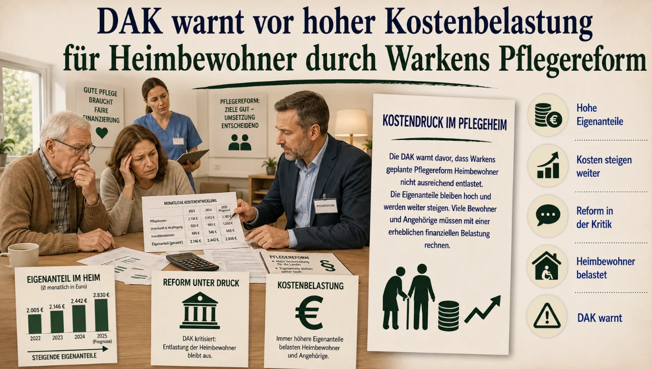 DAK warnt vor hoher Kostenbelastung für Heimbewohner durch Warkens Pflegereform