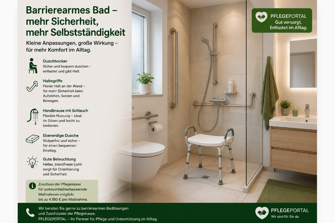 Barrierearmes Bad mit Duschhocker und Haltegriffen