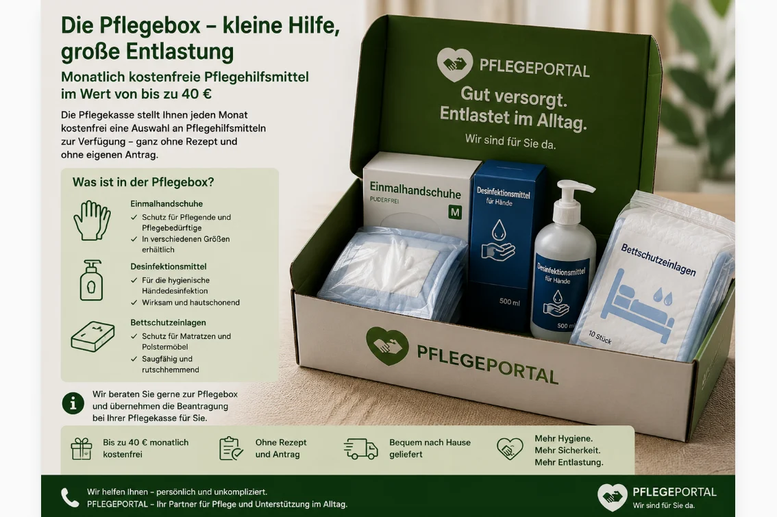 Pflegebox mit Handschuhen, Desinfektion und Bettschutzeinlagen