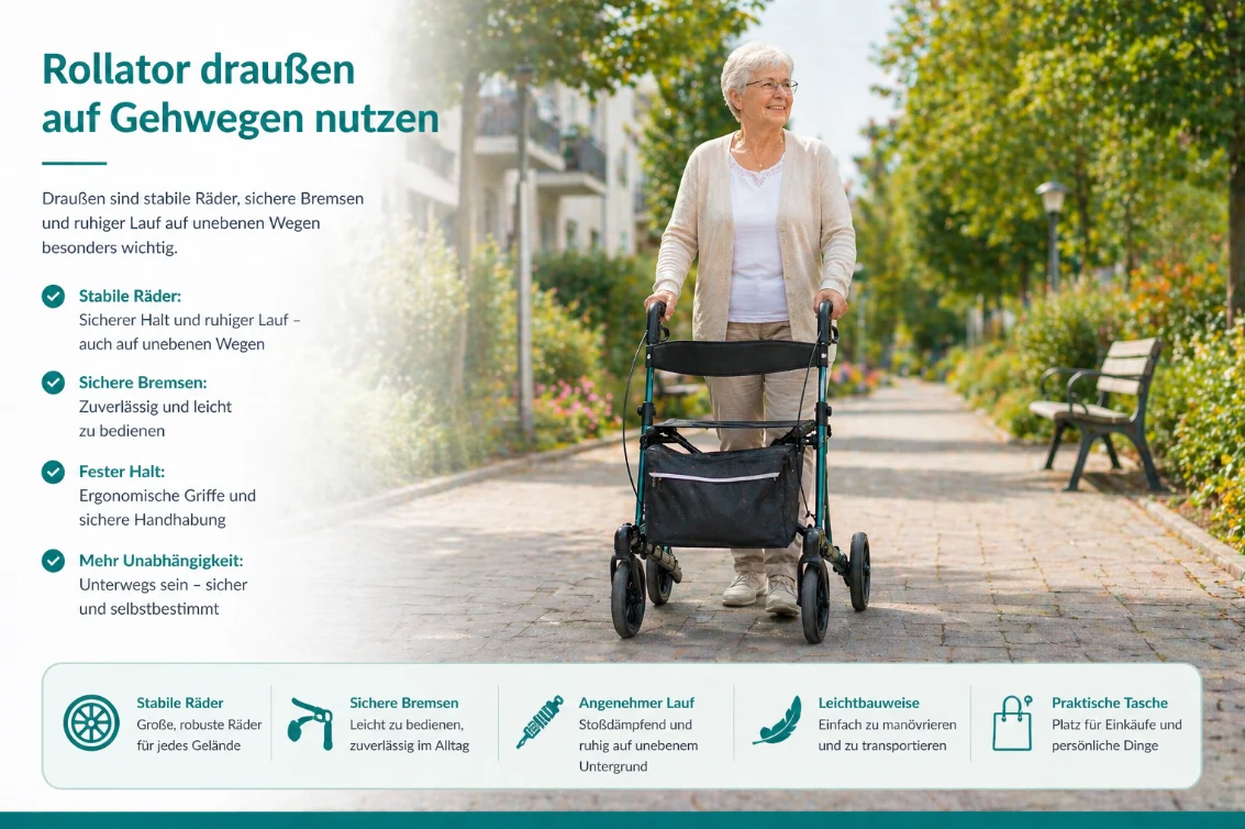 Rollator draußen auf Gehwegen nutzen