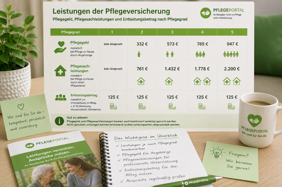 Pflegegeld Pflegesachleistungen und Entlastungsbetrag nach Pflegegrad