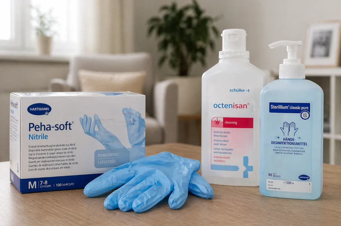 Einmalhandschuhe und Desinfektion in der häuslichen Pflege