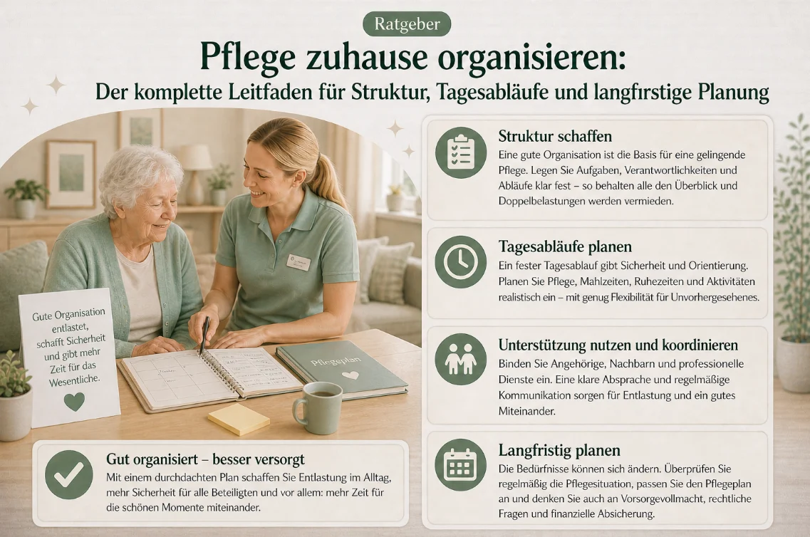 Pflege zuhause organisieren: Der komplette Leitfaden für Struktur, Tagesabläufe und langfristige Planung