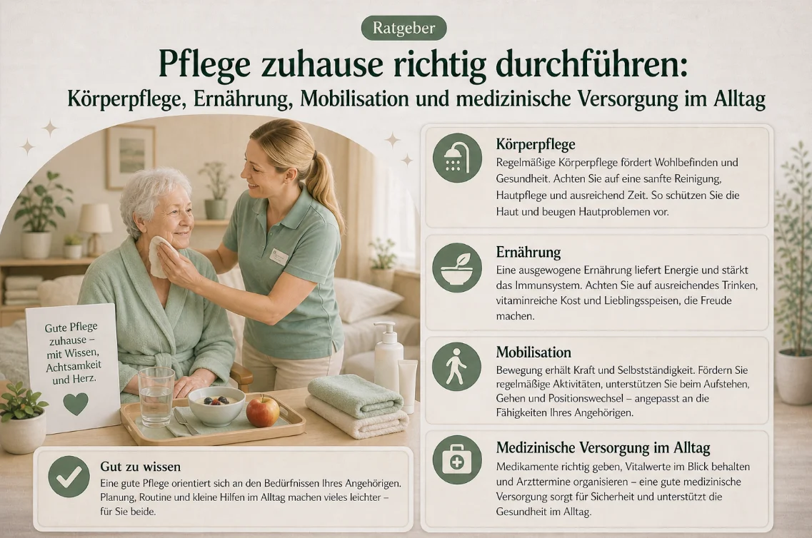 Pflege zuhause richtig durchführen: Körperpflege, Ernährung, Mobilisation und medizinische Versorgung im Alltag