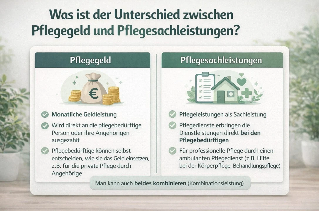 Was ist der Unterschied zwischen Pflegegeld und Pflegesachleistungen?