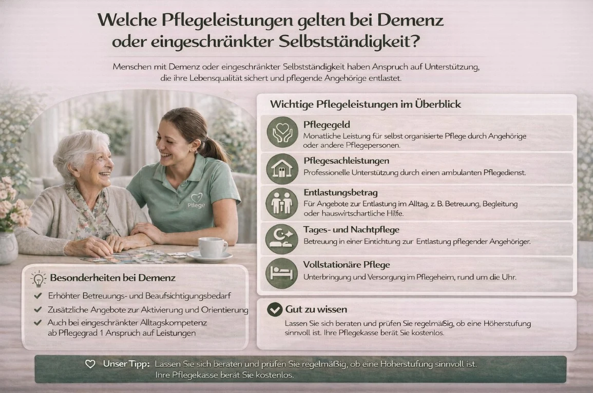 Welche Pflegeleistungen gelten bei Demenz oder eingeschränkter Selbstständigkeit?