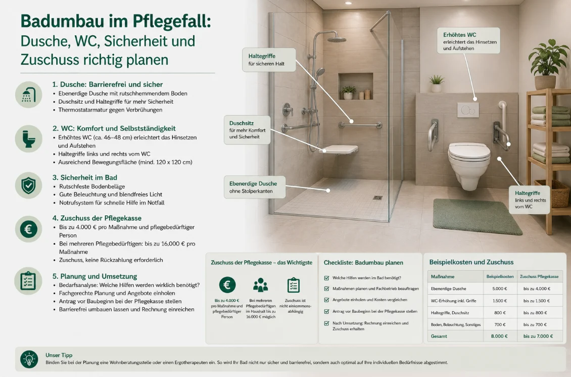 Badumbau im Pflegefall: Dusche, WC, Sicherheit und Zuschuss richtig planen