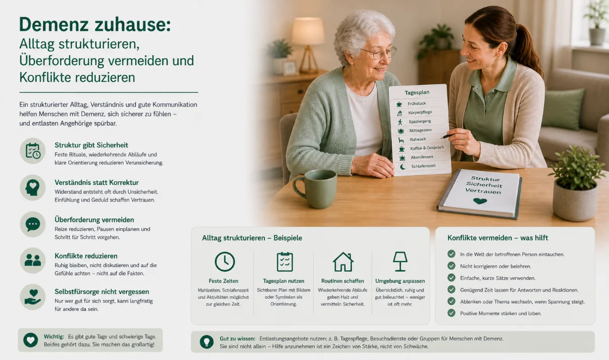 Demenz zuhause: Alltag strukturieren, Überforderung vermeiden und Konflikte reduzieren