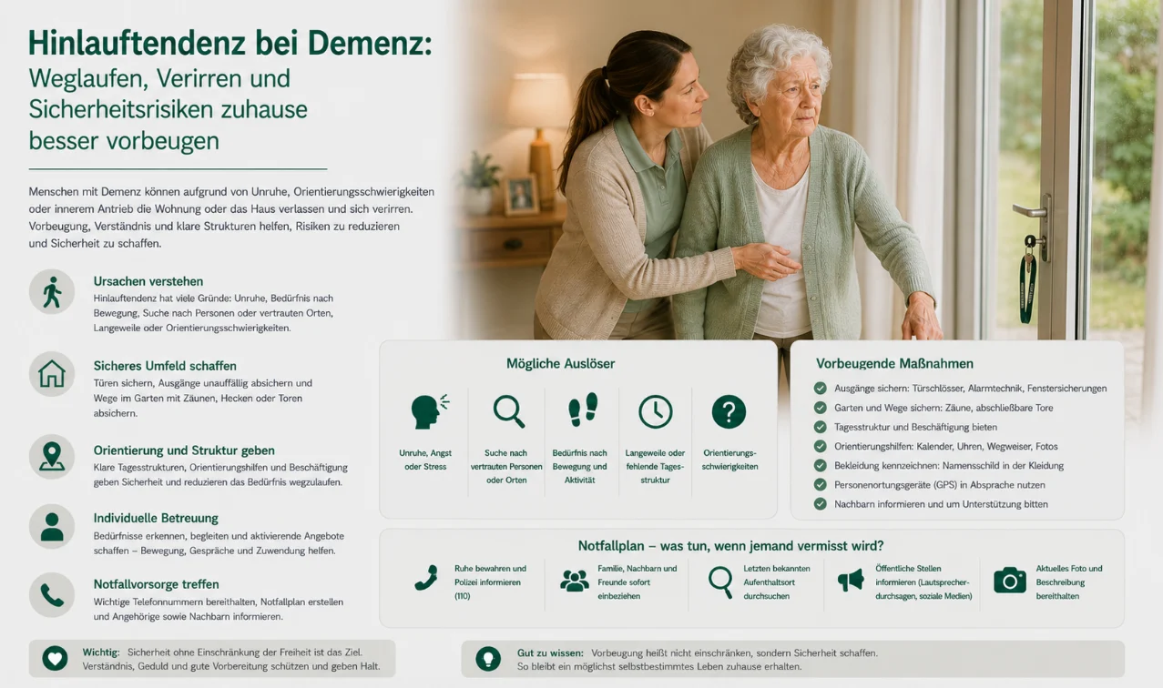 Hinlauftendenz bei Demenz: Weglaufen, Verirren und Sicherheitsrisiken zuhause besser vorbeugen