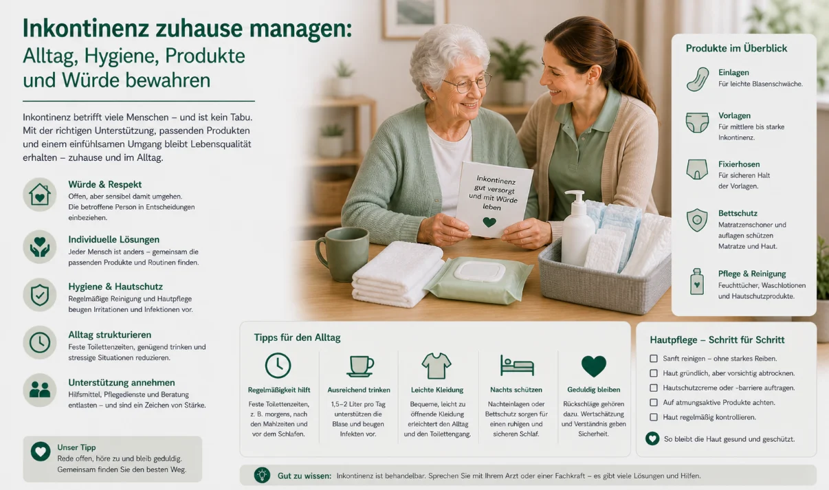 Inkontinenz zuhause managen: Alltag, Hygiene, Produkte und Würde bewahren
