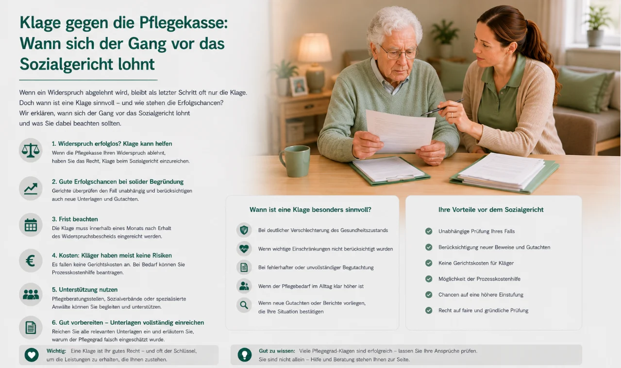 Klage gegen die Pflegekasse: Wann sich der Gang vor das Sozialgericht lohnt
