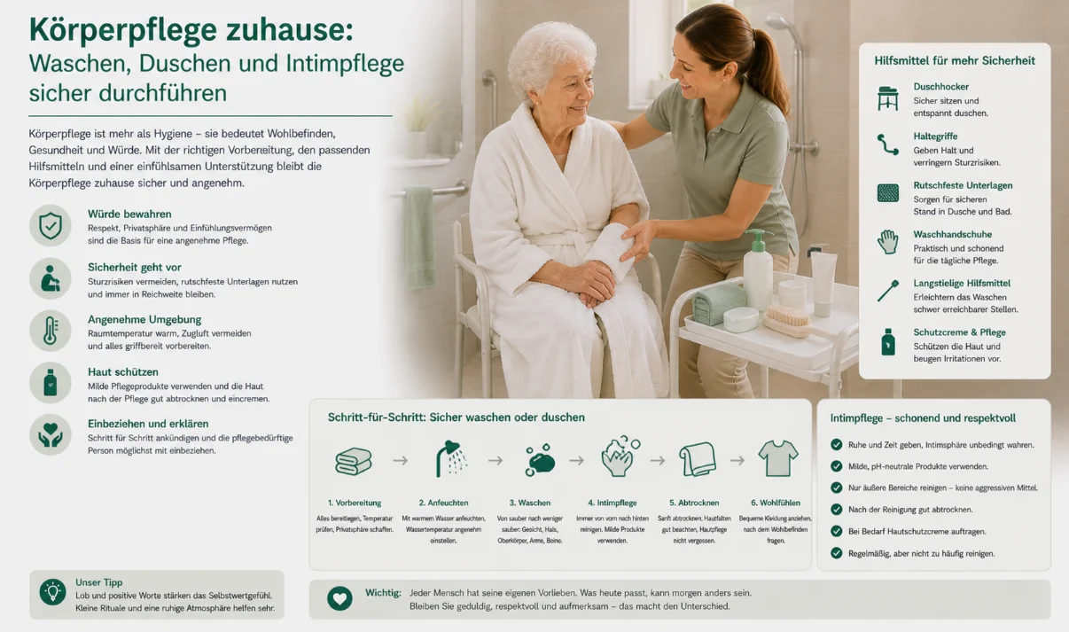 Körperpflege zuhause: Waschen, Duschen und Intimpflege sicher durchführen
