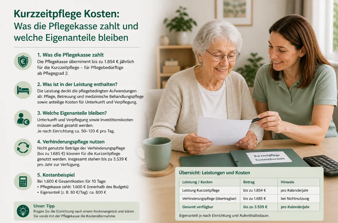 Kurzzeitpflege Kosten: Was die Pflegekasse zahlt und welche Eigenanteile bleiben