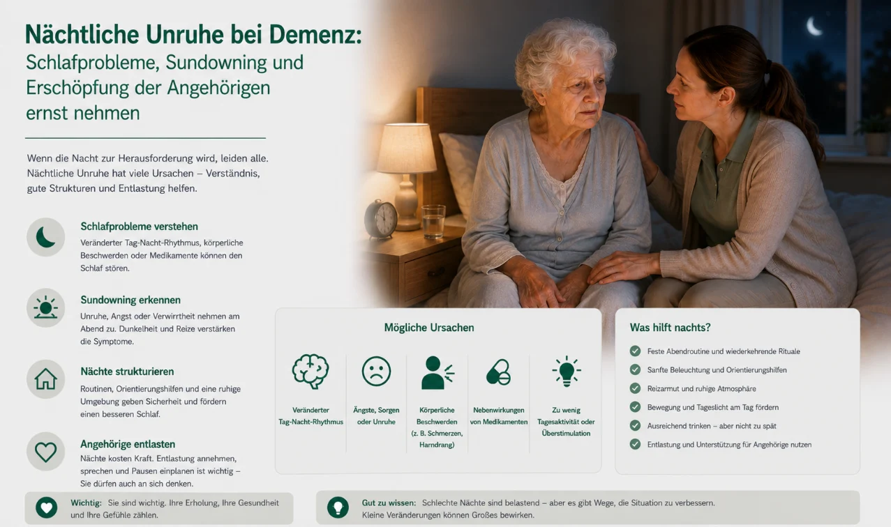 Nächtliche Unruhe bei Demenz: Schlafprobleme, Sundowning und Erschöpfung der Angehörigen ernst nehmen
