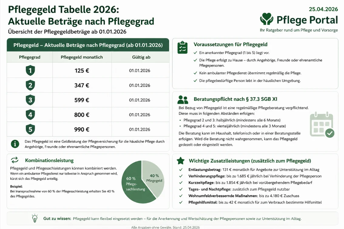 Pflegegeld Tabelle 2026: aktuelle Beträge nach Pflegegrad