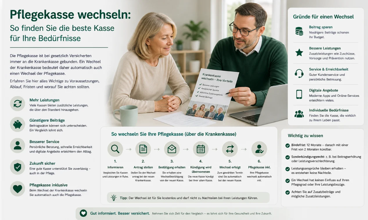 Pflegekasse wechseln: Wann es sinnvoll ist, wie es funktioniert und worauf Sie achten sollten