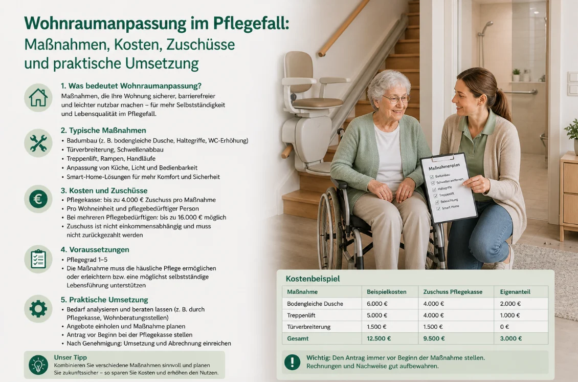 Wohnraumanpassung im Pflegefall: Maßnahmen, Kosten, Zuschüsse und praktische Umsetzung